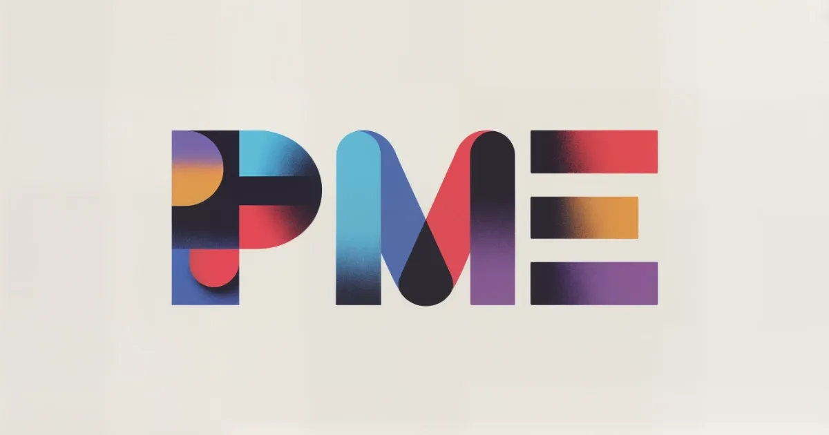 Illustration graphique du mot « PME » en lettres colorées et texturées, symbolisant l’importance du logo, de la palette de couleurs et de la typographie dans le branding des petites entreprises.